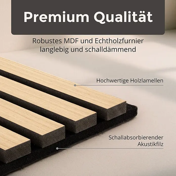 Dalsys Akustikpaneel 4x 60 x 60cm Eiche Hell - Beige - Schallabsorbierende Wandpaneele mit hochwertigen Holzlamellen aus MDF und Echtholzfurnier auf robustem Akustikfilz.
