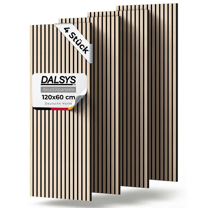Dalsys Akustikpaneel 4x 120 x 60cm Eiche Hell - Beige - 4 DALSYS Akustikpaneele, 120x60 cm, mit hellen Holzlamellen auf schwarzem Hintergrund.