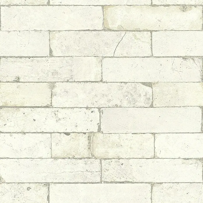 Rasch Vliestapete Factory 2 - Weiß, Steinoptik, 10,05 x 0,53 m - Nahaufnahme einer weißen Ziegelwand mit rustikalem Charme, ideal für stilvolle Innenräume und kreative Projekte.