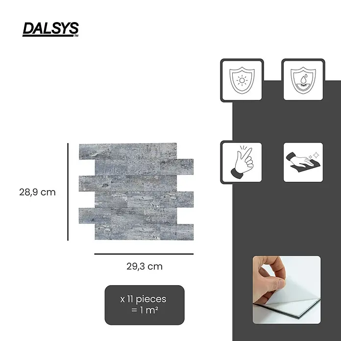 Dalsys Wandfliese 1m² Selbstklebende Fliesen Stein- und Marmor Optik 11 Stück Blaugrau - 29,3 x 28,9 cm, Silber - DALSYS graue, strukturierte selbstklebende Wandfliesen, 28,9x29,3 cm. 11 Stück decken 1 m² ab.