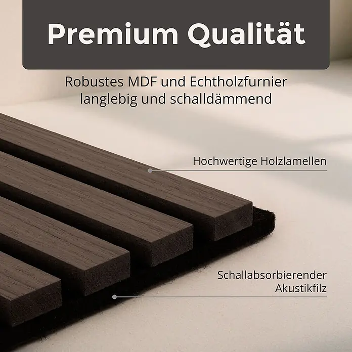 Dalsys Akustikpaneel 4x 120 x 60cm Walnuss - Braun - Dunkelbraunes Akustikpaneel mit Holzlamellen auf schallabsorbierendem Filz, aus robustem MDF und Echtholzfurnier.