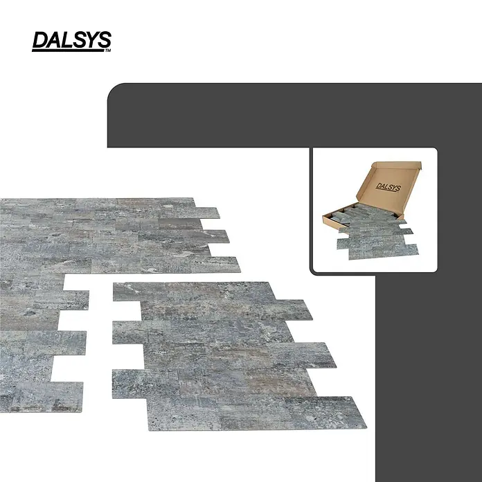 Dalsys Wandfliese 1m² Selbstklebende Fliesen Stein- und Marmor Optik 11 Stück Blaugrau - 29,3 x 28,9 cm, Silber - Texturierte grau-braune Steinoptik-Klebefliesen, teilweise in einem Muster arrangiert, eine Fliesenbox ist ebenfalls sichtbar.