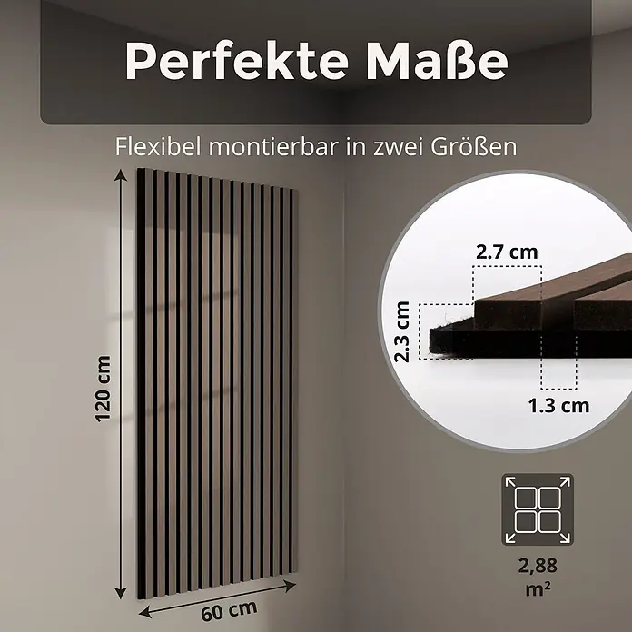 Dalsys Akustikpaneel 4x 120 x 60cm Walnuss - Braun - Braunes Holzlamellen-Akustikpaneel auf dunklem Filz, 120x60 cm. Detailansicht zeigt 2,7 cm breite Lamellen, 1,3 cm dicken Filz und 2,3 cm Gesamttiefe.