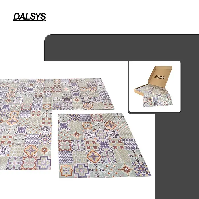 Dalsys Wandfliese 1m² Selbstklebende Fliesen bunte Ornamente 11 Stück Faro - 30,5 x 30,5 cm, Mehrfarbig - Bunte DALSYS-Bodenfliesen zum Abziehen und Aufkleben mit mediterranem Muster, ausgelegt und in ihrer Verpackung.
