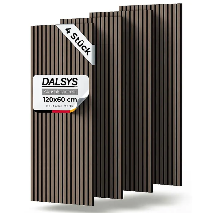 Dalsys Akustikpaneel 4x 120 x 60cm Walnuss - Braun - Vier DALSYS Akustikpaneele, 120x60 cm, mit braunen vertikalen Lamellen in Holzoptik.