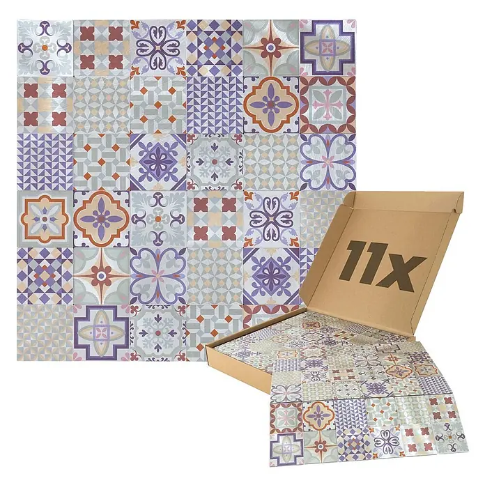 Dalsys Wandfliese 1m² Selbstklebende Fliesen bunte Ornamente 11 Stück Faro - 30,5 x 30,5 cm, Mehrfarbig - Farbenfrohe gemusterte selbstklebende Fliesen, teils als großes Panel angeordnet, teils in einer mit '11x' markierten Box.