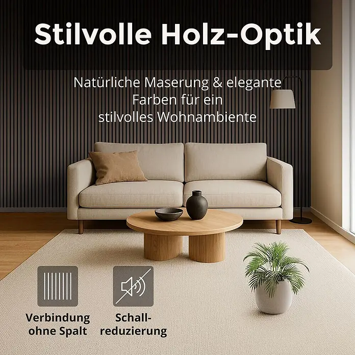 Dalsys Akustikpaneel 4x 120 x 60cm Walnuss - Braun - Dunkle Akustikwandpaneele in Holzoptik in einem stilvollen Wohnzimmer mit Sofa.
