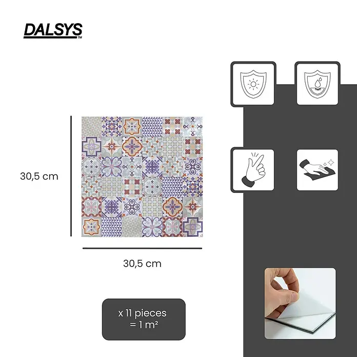 Dalsys Wandfliese 1m² Selbstklebende Fliesen bunte Ornamente 11 Stück Faro - 30,5 x 30,5 cm, Mehrfarbig - Selbstklebende, gemusterte Dekorfliesen, 30,5 cm. UV- und wasserbeständig, einfach anzubringen & zu reinigen. 11 Stück für 1m².