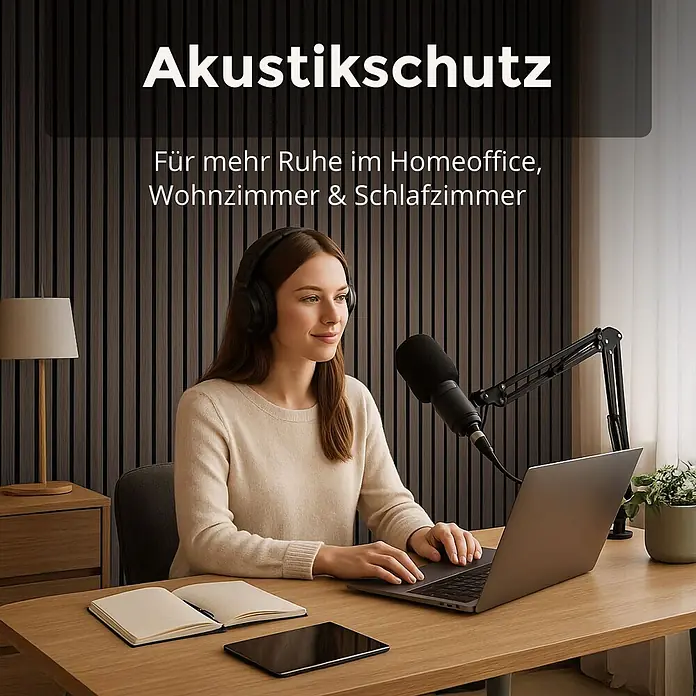Dalsys Akustikpaneel 4x 120 x 60cm Walnuss - Braun - Dunkle Lamellen-Akustikpaneele an der Wand hinter einer Frau im Homeoffice, für Schallschutz.