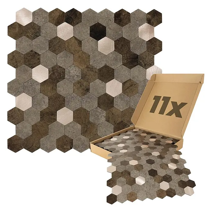 Dalsys Wandfliese 0,88m² Selbstklebende Fliesen Hexagon 11 Stück Braun Mix Gold - 29 x 27,7 cm, Braun - Sechseckige Mosaikfliesen in Braun-, Grau- und Metallic-Tönen, mit einer teilweise geöffneten Schachtel, die '11x' zeigt.