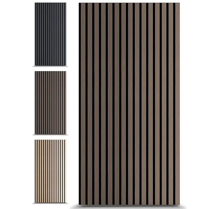 Dalsys Akustikpaneel 4x 120 x 60cm Walnuss - Braun - Vertikale Akustikwandpaneele in Holzoptik braun/taupe, mit Beispielen in Dunkelgrau und hellem Holz.