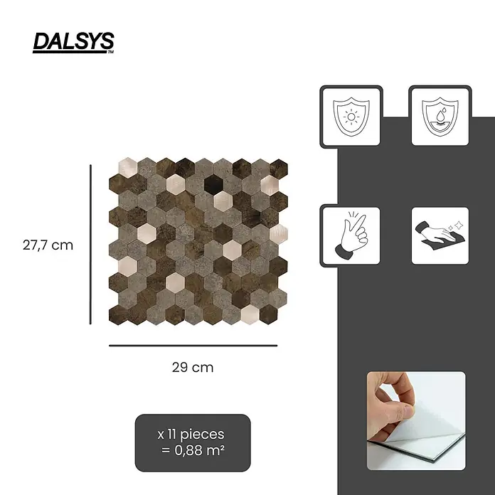 Dalsys Wandfliese 0,88m² Selbstklebende Fliesen Hexagon 11 Stück Braun Mix Gold - 29 x 27,7 cm, Braun - Selbstklebende sechseckige Fliesen in Braun-, Grau- und Lichttönen, 27,7x29 cm, 11 Stück für 0,88 m². UV- und wasserbeständig, einfach zu montieren und reinigen.