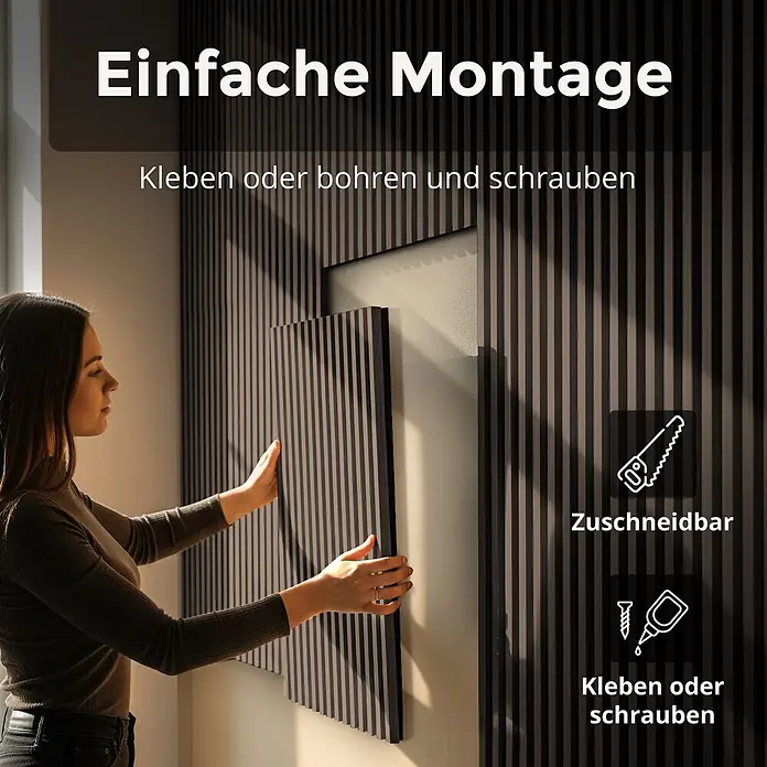 Dalsys Akustikpaneel 4x 60 x 60cm Walnuss - Braun - Frau installiert dunkle, gestreifte Akustikplatten. Einfache Montage: kleben, schrauben oder zuschneidbar.
