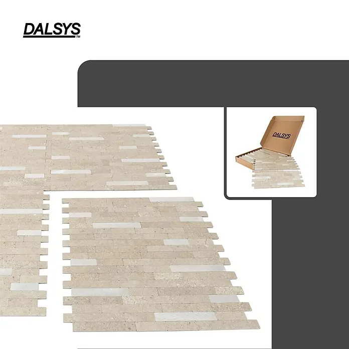 Dalsys Wandfliese 1m² Selbstklebende Fliesen Marmor- und Steinoptik 11 Stück Sand Silber - 29,2 x 29,8 cm, Beige - DALSYS beige-weiße Naturstein-Mosaikfliesen, teilweise in Schachtel, bereit zur Verlegung.
