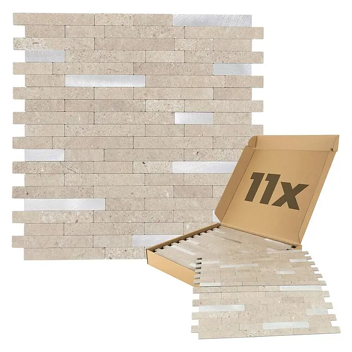 Dalsys Wandfliese 1m² Selbstklebende Fliesen Marmor- und Steinoptik 11 Stück Sand Silber - 29,2 x 29,8 cm, Beige - Mosaikfliesen aus beigem Naturstein und gebürstetem Silber, mit einer Schachtel mit 11 Fliesenstücken.