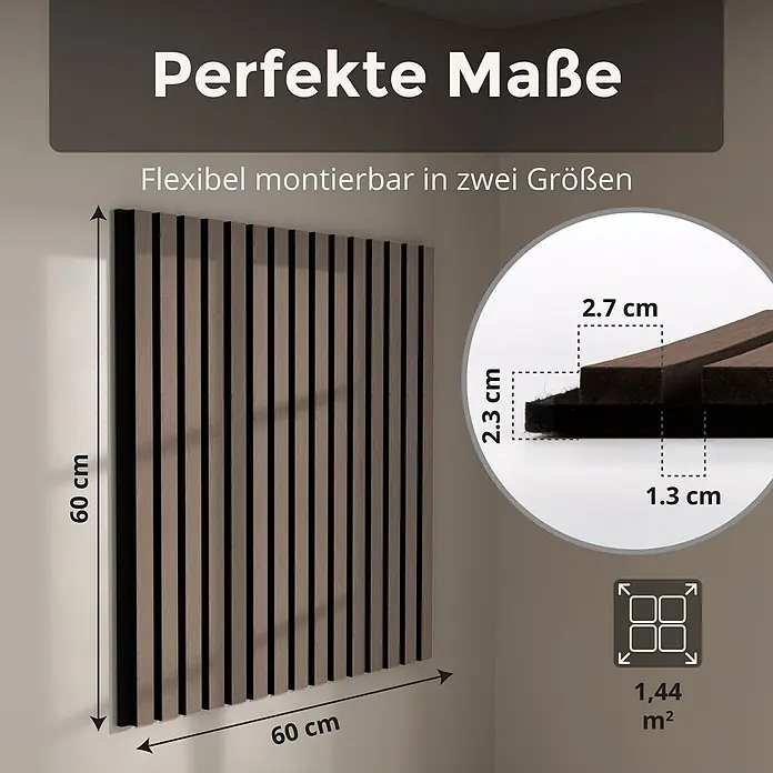 Dalsys Akustikpaneel 4x 60 x 60cm Walnuss - Braun - Schallabsorbierendes Wandpaneel, 60x60 cm, mit braunen Holzlamellen auf schwarzem Filz. Gesamttiefe 2,7 cm.