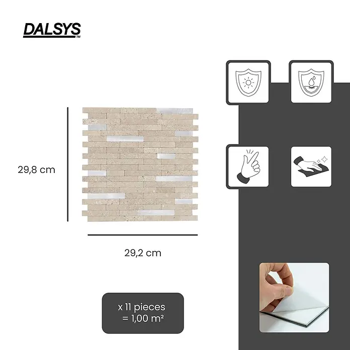 Dalsys Wandfliese 1m² Selbstklebende Fliesen Marmor- und Steinoptik 11 Stück Sand Silber - 29,2 x 29,8 cm, Beige - Beiges Naturstein-Mosaikfliese mit silbernen Metalleinsätzen, selbstklebend, mit Maßen und Symbole für Eigenschaften.