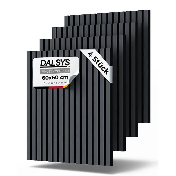 Dalsys Akustikpaneel 4x 60 x 60cm Eiche Schwarz - Schwarz - Vier dunkelgraue, gerillte Akustikpaneele, 60x60 cm, gestapelt.
