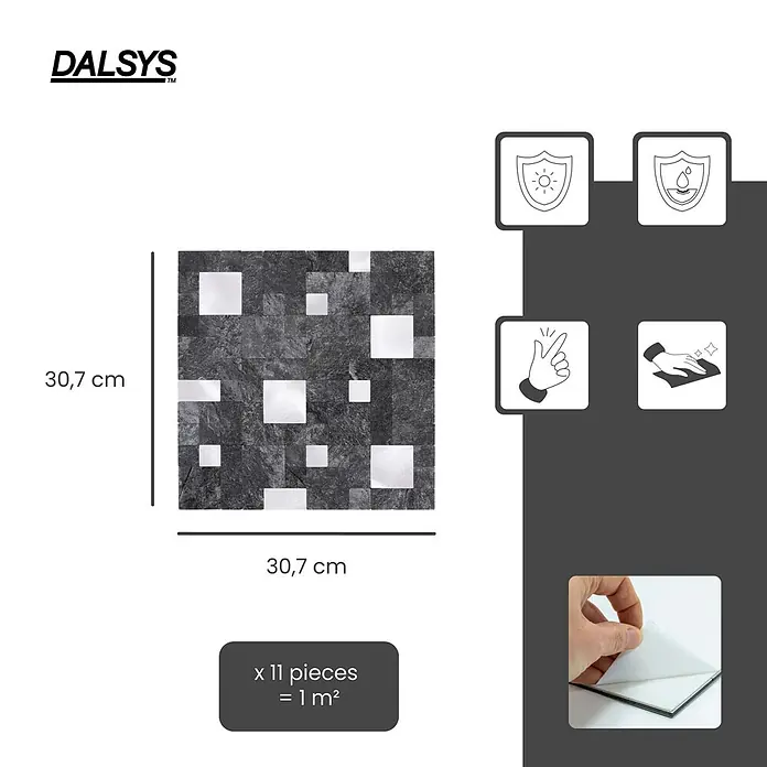 Dalsys Wandfliese 1m² Selbstklebende Fliesen Steinoptik Quadrat 11 Stück Anthrazit Silber - 30,7 x 30,7 cm, Anthracite - DALSYS selbstklebende Mosaikfliesen, dunkelgrau mit weißen Quadraten, 30,7x30,7 cm. UV- & wasserbeständig, leicht zu reinigen/installieren. 11 Stück = 1m².