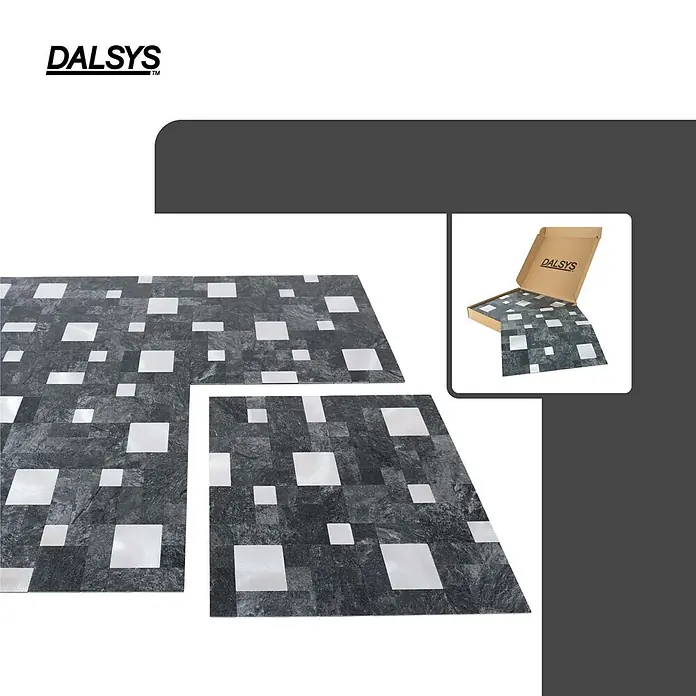 Dalsys Wandfliese 1m² Selbstklebende Fliesen Steinoptik Quadrat 11 Stück Anthrazit Silber - 30,7 x 30,7 cm, Anthracite - Dunkelgraue Mosaikfliesen mit weißen Quadrateinlagen, ausgelegt und in einer Box.