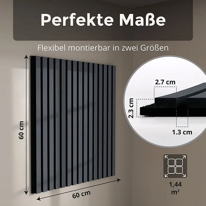 Dalsys Akustikpaneel 4x 60 x 60cm Eiche Schwarz - Schwarz - Schwarzes geripptes Akustik-Wandpaneel, 60x60 cm. Detailmaße: 2,7 cm Gesamttiefe, 1,3 cm Filzbasis, 2,3 cm Rippenhöhe. Flexibel montierbar, 1,44 m².