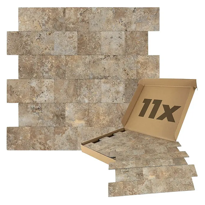 Dalsys Wandfliese 1m² Selbstklebende Fliesen Steinoptik 11 Stück Beige - 30,6 x 30,6 cm, Beige - Braun-beige selbstklebende Wandfliesen in Natursteinoptik, im Verbund verlegt, mit einer Packung in einer Box.