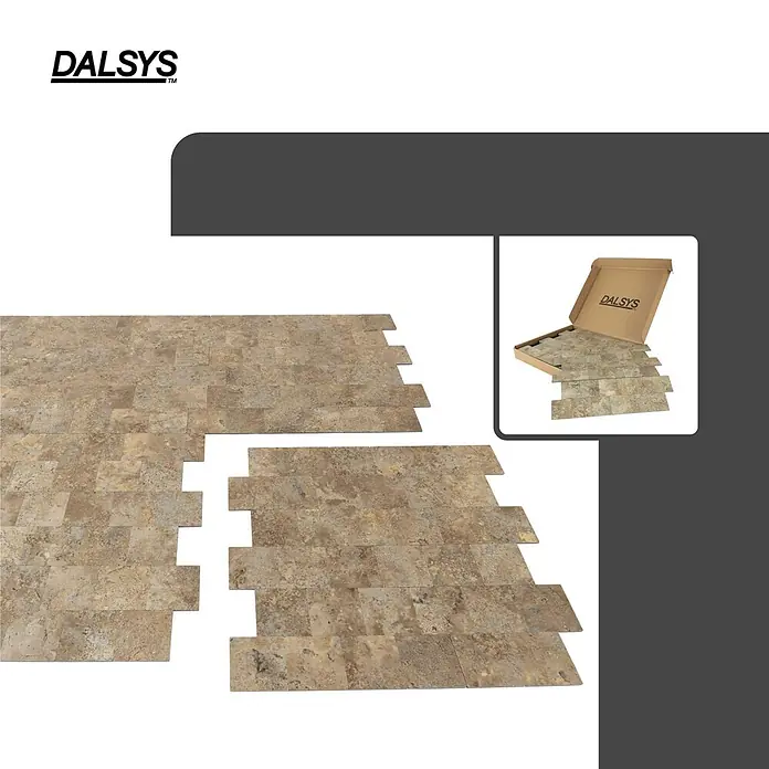 Dalsys Wandfliese 1m² Selbstklebende Fliesen Steinoptik 11 Stück Beige - 30,6 x 30,6 cm, Beige - Modulare DALSYS Bodenfliesen in beigem Steinmuster, teils verlegt, teils im Karton.