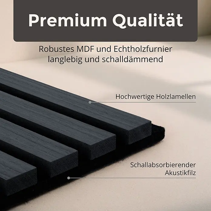 Dalsys Akustikpaneel 4x 60 x 60cm Eiche Schwarz - Schwarz - Nahaufnahme schwarzer Akustik-Holzpaneele mit Echtholzfurnier-Lamellen auf schallabsorbierendem Filz.