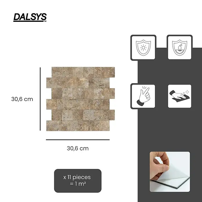 Dalsys Wandfliese 1m² Selbstklebende Fliesen Steinoptik 11 Stück Beige - 30,6 x 30,6 cm, Beige - 30,6x30,6 cm selbstklebende Mosaikfliesen in Beige/Braun Natursteinoptik, mit Sonnen-/Wasserschutz, einfacher Anbringung und Reinigung.
