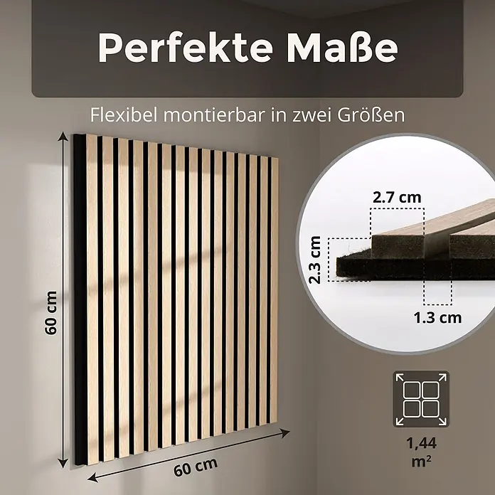 Dalsys Akustikpaneel 4x 60 x 60cm Eiche Hell - Beige - Akustikpaneel aus Holz, 60x60 cm, mit hellen Holzleisten auf dunklem Filz, zeigt Detailmaße für flexible Montage.