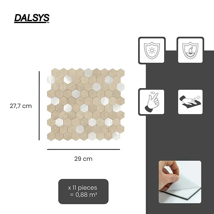 Dalsys Wandfliese 0,88m² Selbstklebende Fliesen Hexagon 11 Stück Sand Silber - 29 x 27,7 cm, Beige - Selbstklebende sechseckige Mosaikfliesen aus beigem Stein und silbernem Metall, 27,7x29cm. Strapazierfähig und leicht zu reinigen.