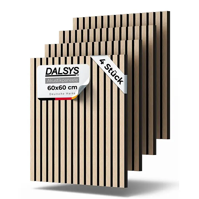 Dalsys Akustikpaneel 4x 60 x 60cm Eiche Hell - Beige - Vier DALSYS 60x60 cm Akustikpaneele, helles Holz mit schwarzen vertikalen Lamellen, diagonal gestapelt.