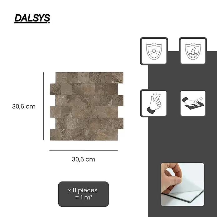 Dalsys Wandfliese 1m² Selbstklebende Fliesen Steinoptik 11 Stück Braun - 30,6 x 30,6 cm, Braun - DALSYS 30,6x30,6 cm braun/beige selbstklebende Mosaikfliesen, UV-/wasserbeständig, einfach zu montieren und reinigen. 11 Fliesen = 1m².