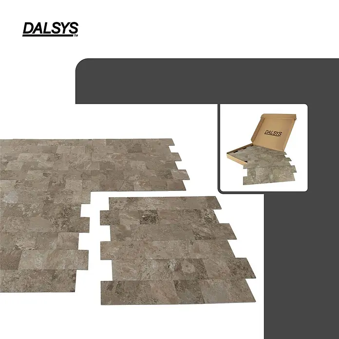 Dalsys Wandfliese 1m² Selbstklebende Fliesen Steinoptik 11 Stück Braun - 30,6 x 30,6 cm, Braun - DALSYS modulare Bodenfliesen in Steinoptik, ausgelegt und im Produktkarton.