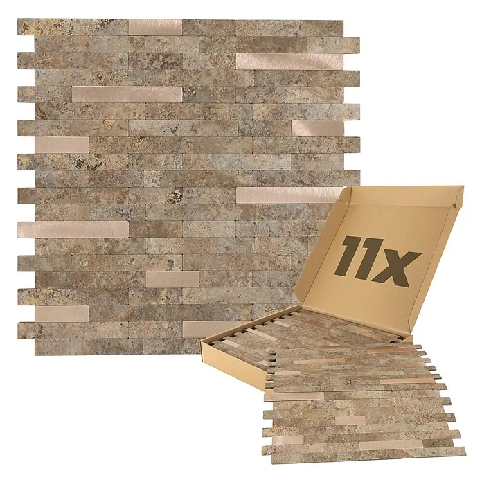 Dalsys Wandfliese 1m² Selbstklebende Fliesen Marmor- und Steinoptik 11 Stück Beige Gold - 29,2 x 29,8 cm, Beige - Mosaikfliesenplatte aus Naturstein mit kupferfarbenen Metallelementen, teilweise in der Verpackung.