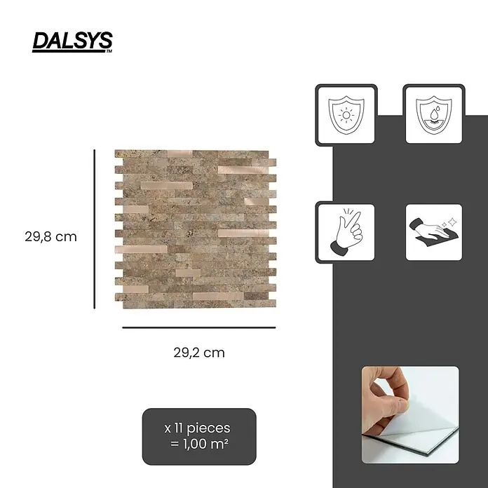 Dalsys Wandfliese 1m² Selbstklebende Fliesen Marmor- und Steinoptik 11 Stück Beige Gold - 29,2 x 29,8 cm, Beige - DALSYS selbstklebende Mosaikfliesen, 29,8x29,2 cm, aus Naturstein und Metallakzenten, UV- und wasserbeständig.