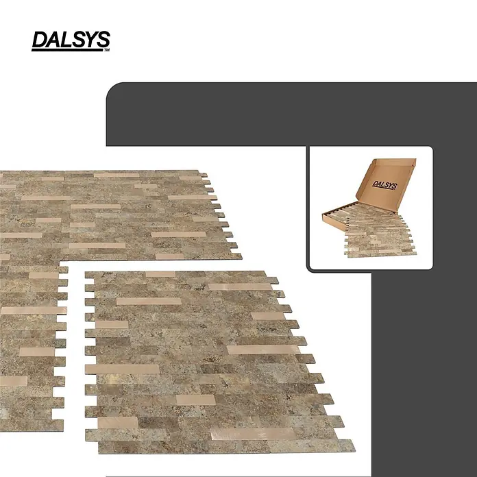 Dalsys Wandfliese 1m² Selbstklebende Fliesen Marmor- und Steinoptik 11 Stück Beige Gold - 29,2 x 29,8 cm, Beige - DALSYS ineinandergreifende Mosaikfliesen aus erdfarbenem Stein und metallischen Akzenten, unverpackt und in einer Box gezeigt.