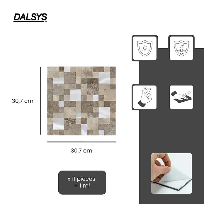 Dalsys Wandfliese 1m² Selbstklebende Fliesen Steinoptik Quadrat/Rechteck 11 Stück Sand Silber - 30,7 x 30,7 cm, Beige - Quadratische 30,7 cm selbstklebende Mosaikfliese in Beige/Braun mit Metallquadraten, UV- und wasserbeständig, leicht zu reinigen.
