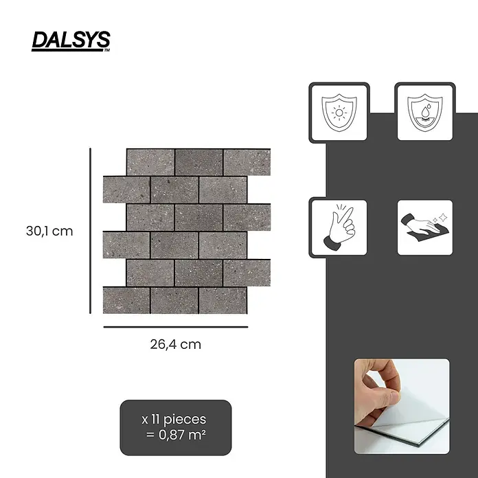 Dalsys Wandfliese 0,87m² Selbstklebende Fliesen Steinoptik 11 Stück Natur Grau - 26,4 x 30,1 cm, Silber - Graue selbstklebende Ziegel-Fliesen (30.1x26.4cm). 11 Stück decken 0.87m² ab. Robust, wasserabweisend, einfach anzubringen und zu reinigen.