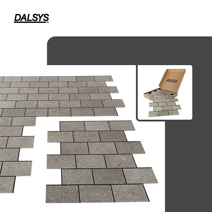 Dalsys Wandfliese 0,87m² Selbstklebende Fliesen Steinoptik 11 Stück Natur Grau - 26,4 x 30,1 cm, Silber - DALSYS grau gesprenkelte modulare Bodenfliesen im Ziegelmuster, mit einer Fliesenbox.