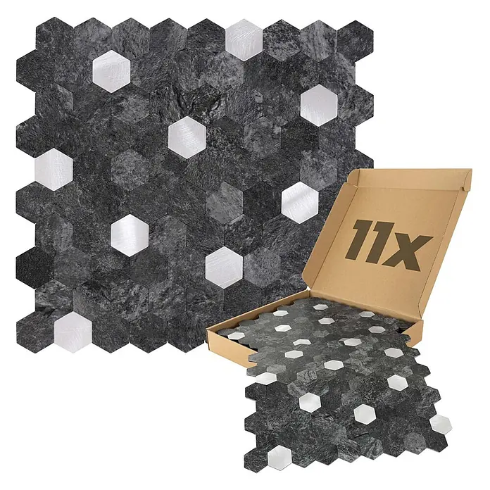 Dalsys Wandfliese 0,88m² Selbstklebende Fliesen Hexagon 11 Stück Anthrazit Silber - 29 x 27,7 cm, Anthracite - Sechseckige Mosaikfliesen in dunkelgrauer Steinoptik mit metallischen Silberakzenten, teils in einem Karton.