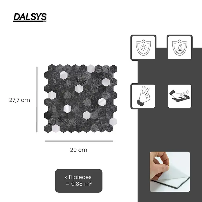 Dalsys Wandfliese 0,88m² Selbstklebende Fliesen Hexagon 11 Stück Anthrazit Silber - 29 x 27,7 cm, Anthracite - Selbstklebende dunkelgraue sechseckige Mosaikfliesen mit weißen Akzenten. Blattgröße 27,7 x 29 cm, 11 Stück decken 0,88 m² ab.