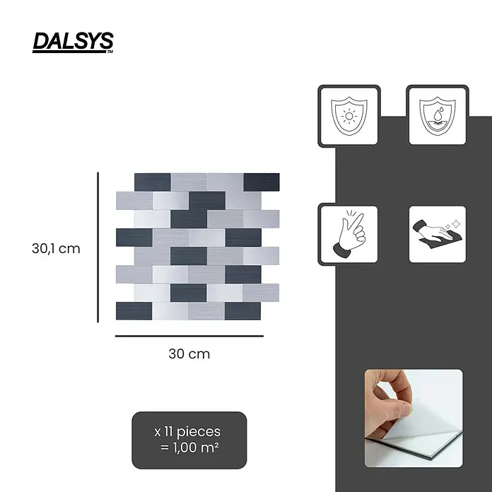 Dalsys Wandfliese 1m² Selbstklebende Fliesen Rechteck 11 Stück Grau Mix Silber - 30,1 x 30,2 cm, Silber - Selbstklebende Mosaikfliesen: silberne, hell- und dunkelgraue Rechtecke im Ziegelmuster. Zeigt Abmessungen, Packungsgröße und wichtige Produktmerkmale.