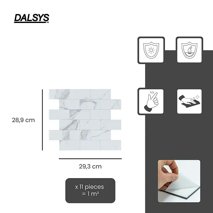 Dalsys Wandfliese 1m² Selbstklebende Fliesen Stein- und Marmor Optik 11 Stück Weiß - 29,3 x 28,9 cm, Weiß - Selbstklebende U-Bahn-Fliesen in weißer Marmoroptik, mit Maßen und abziehbarer Rückseite.