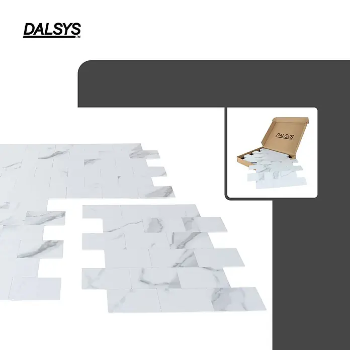 Dalsys Wandfliese 1m² Selbstklebende Fliesen Stein- und Marmor Optik 11 Stück Weiß - 29,3 x 28,9 cm, Weiß - Weiße Marmoroptik-Fliesen zum Aufkleben, einige ausgelegt, andere in einer DALSYS-Schachtel.