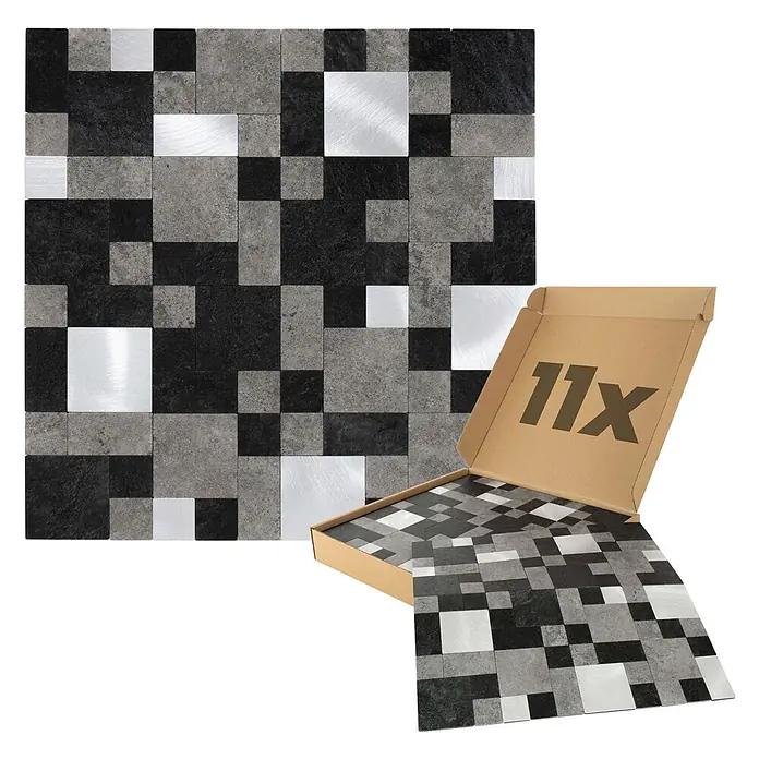 Dalsys Wandfliese 1m² Selbstklebende Fliesen Steinoptik Quadrat 11 Stück Schwarz Grau Silber - 30,7 x 30,7 cm, Schwarz - Mosaikfliesen in schwarzen, grauen und gebürsteten Silberquadraten, teilweise in einem Karton.