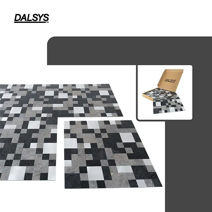 Dalsys Wandfliese 1m² Selbstklebende Fliesen Steinoptik Quadrat 11 Stück Schwarz Grau Silber - 30,7 x 30,7 cm, Schwarz - DALSYS modulare Bodenfliesen in Schwarz, Weiß und Grau, pixelartig angeordnet, mit einer Box Fliesen.