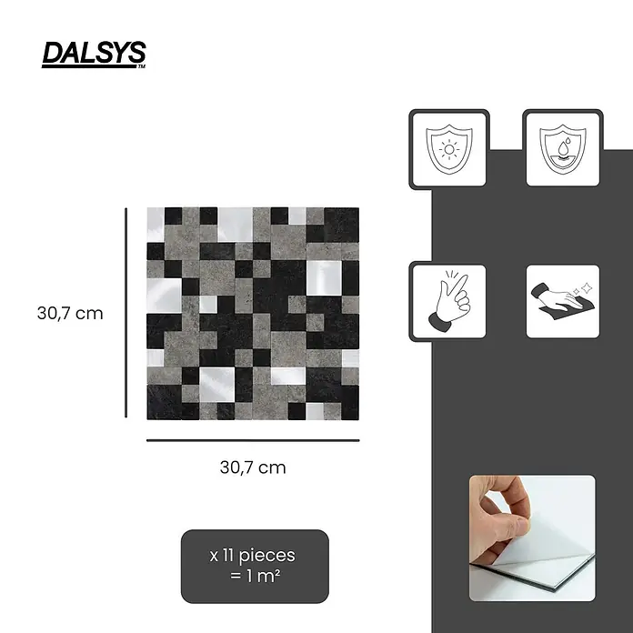 Dalsys Wandfliese 1m² Selbstklebende Fliesen Steinoptik Quadrat 11 Stück Schwarz Grau Silber - 30,7 x 30,7 cm, Schwarz - Selbstklebende Mosaikfliese, 30,7x30,7cm, mit gemischten grauen, schwarzen und metallischen Quadraten. UV-/wasserbeständig, leicht zu reinigen, 11 Stk/m².