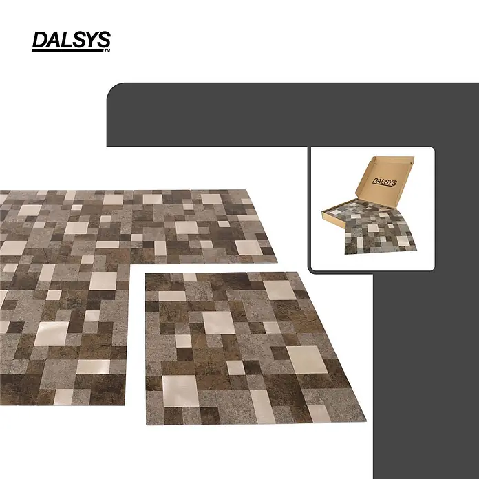 Dalsys Wandfliese 1m² Selbstklebende Fliesen Steinoptik Quadrat 11 Stück Braun Mix Gold - 30,7 x 30,7 cm, Braun - Mosaik-Bodenfliesen in verschiedenen Braun-, Grau- und hellen Tönen, ausgelegt und in einer DALSYS-Box.