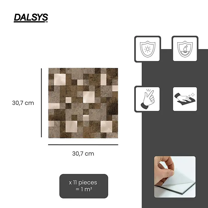 Dalsys Wandfliese 1m² Selbstklebende Fliesen Steinoptik Quadrat 11 Stück Braun Mix Gold - 30,7 x 30,7 cm, Braun - DALSYS Mosaik-Wandfliese, 30,7 cm, mit braun/beige Stein- und Metallquadraten, selbstklebend, UV-beständig und wasserdicht.
